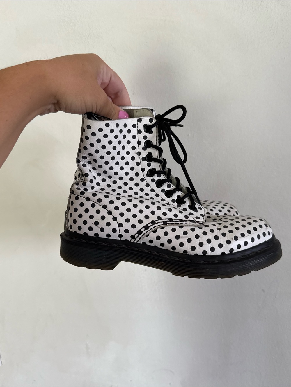 Dr Martens Womens Pascal Leather Black White Polka Dot Lace Up Combat Boots US 6